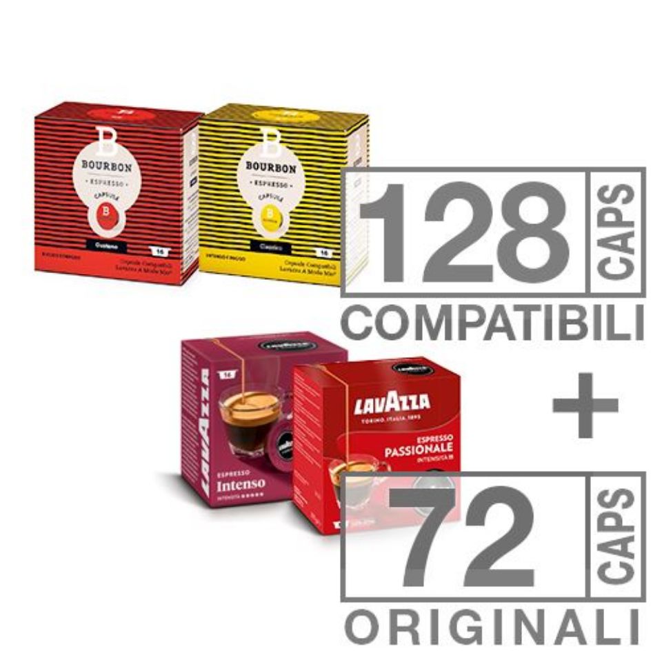 Bild von Angebot: 128 Kapseln Bourbon Lavazza kompatibel a Modo Mio + 72 Originalkapseln Lavazza mit Spedition kostenlos