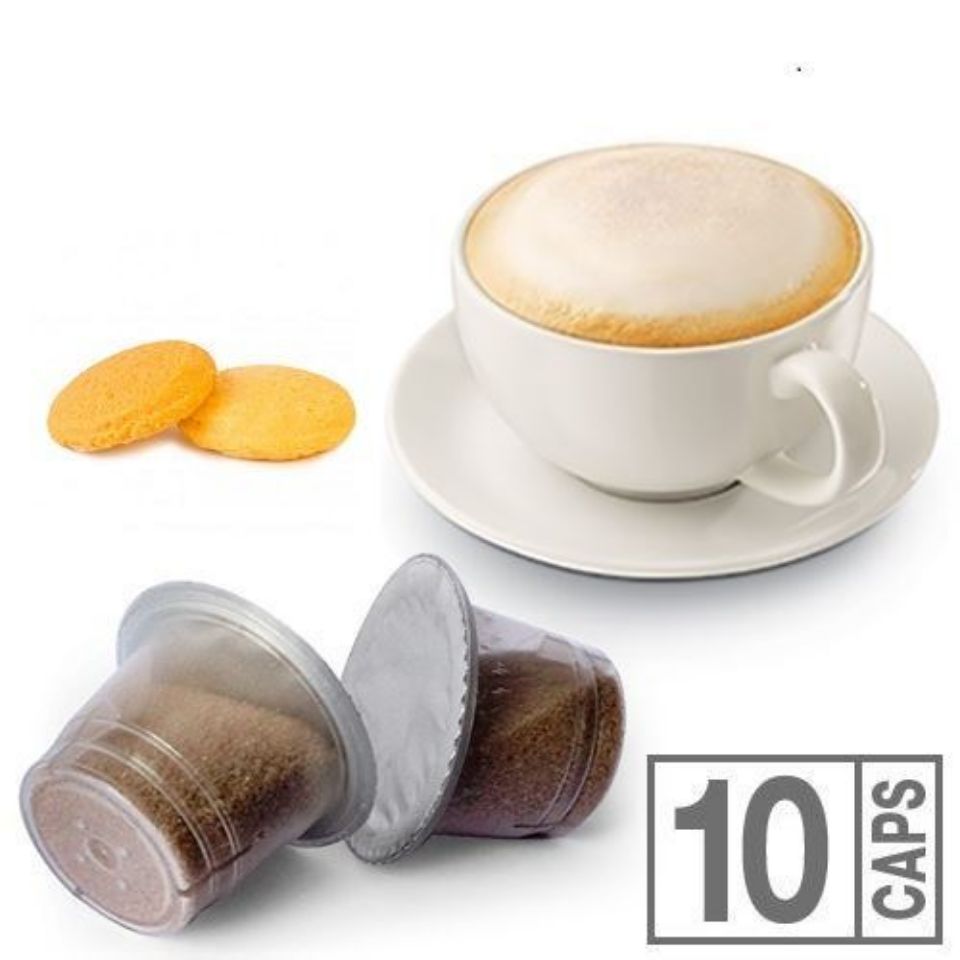 Bild von 10 Kapseln Cappuccino mit Keksgeschmack kompatibel mit Nespresso Bild von 10 Kapseln Cappuccino mit Keksgeschmack kompatibel mit Nespresso