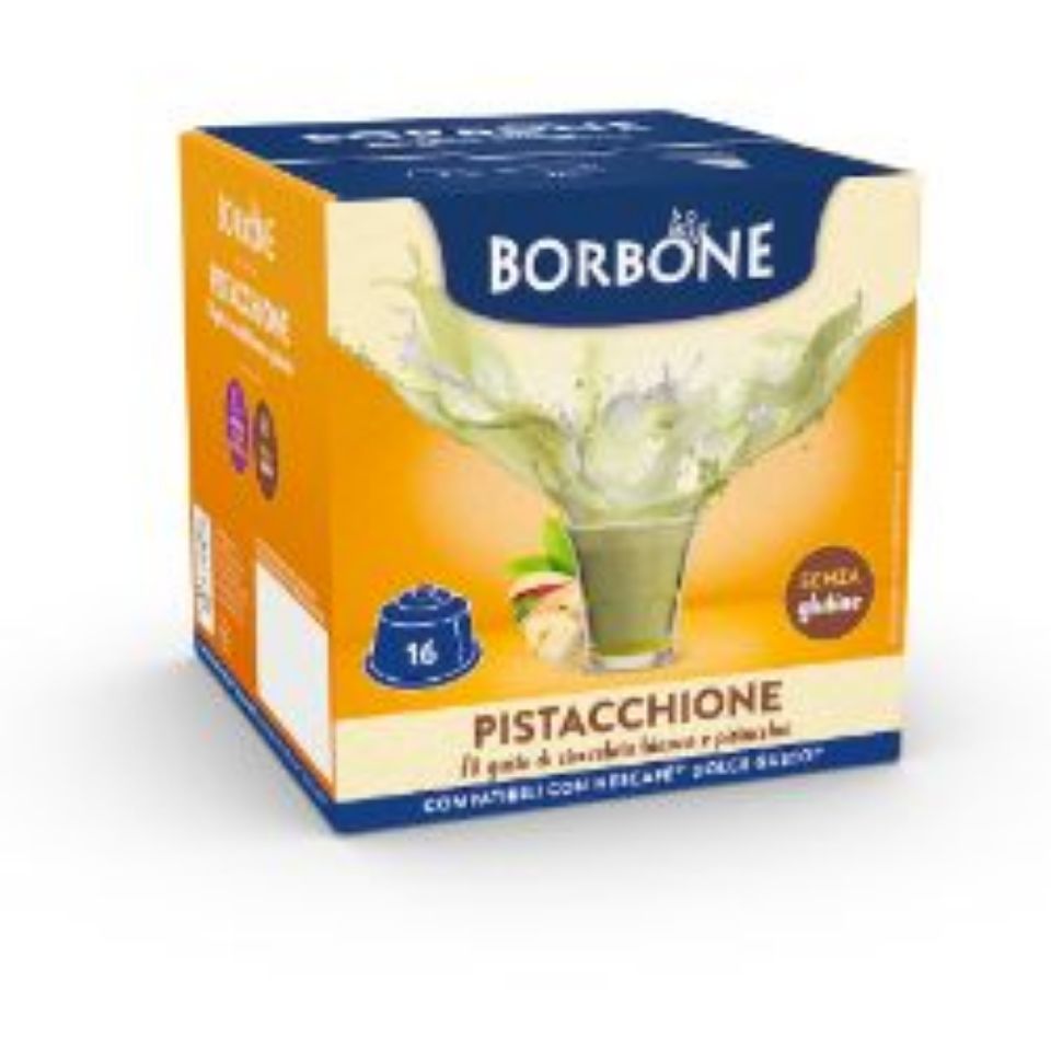 Bild von 16 Borbone-Kapseln, kompatibel mit Nescafè Dolce Gusto-Maschinen, Pistaziengeschmack mit weißer Schokolade und Pistazien