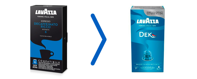 Die Kunststoffkapseln Lavazza Decaffeinato werden nicht mehr hergestellt und Lavazza hat sie durch die neuen Aluminiumkapseln Dek.